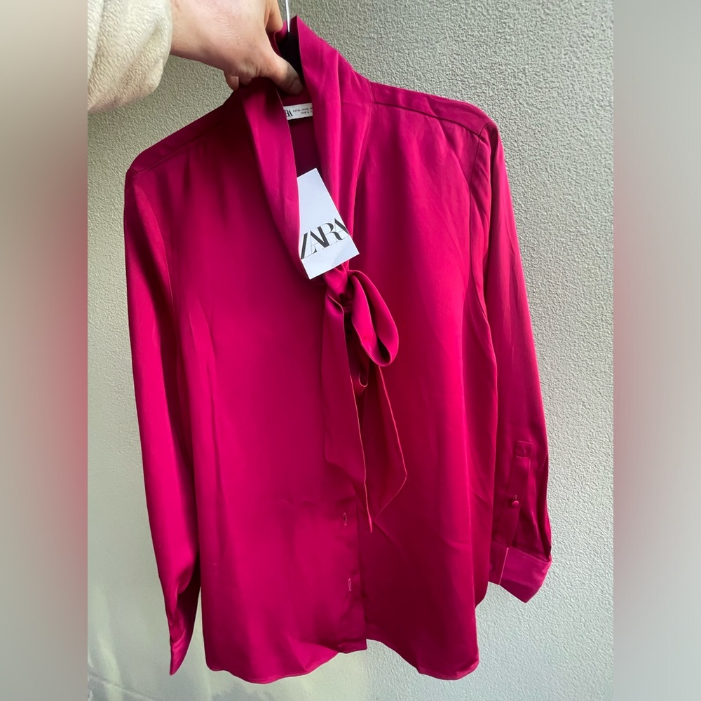 Zara Women’s Hot Pink (wine)Tie-Neck Dress Shirt
